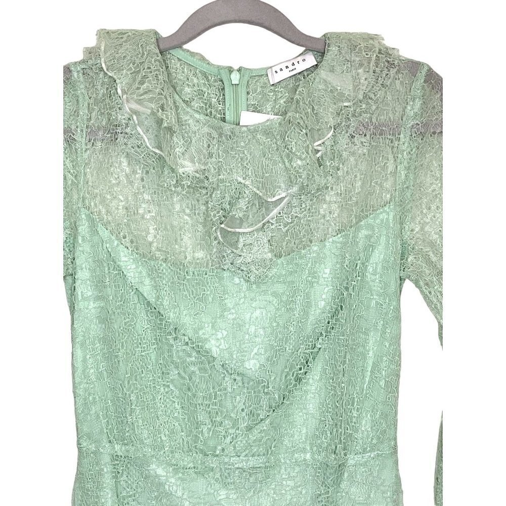 Sandro Paris Mint Green Lace Ruffle Mini Dress NWT Size 34 US 0 - Picture 6 of 11